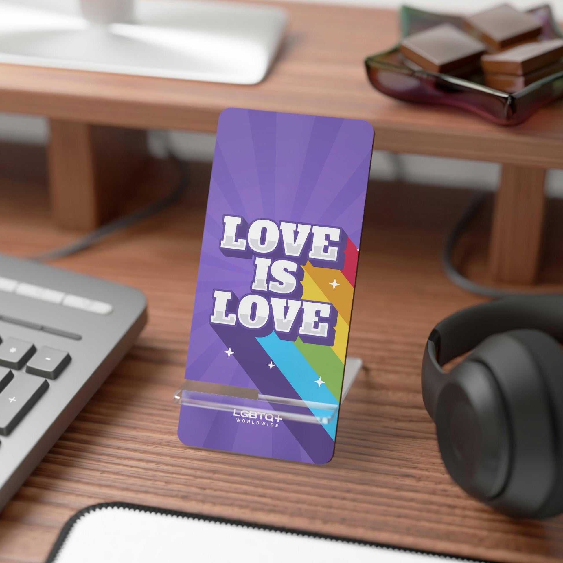 LGBTQWorldwide - ,,LOVE IS LOVE" Handyhalter für Smartphones Accessories, All, Desk, Phone accessory, stand, tech, Tech Accessories lgbtq Bekleidung Accessoires unisex Zubehör