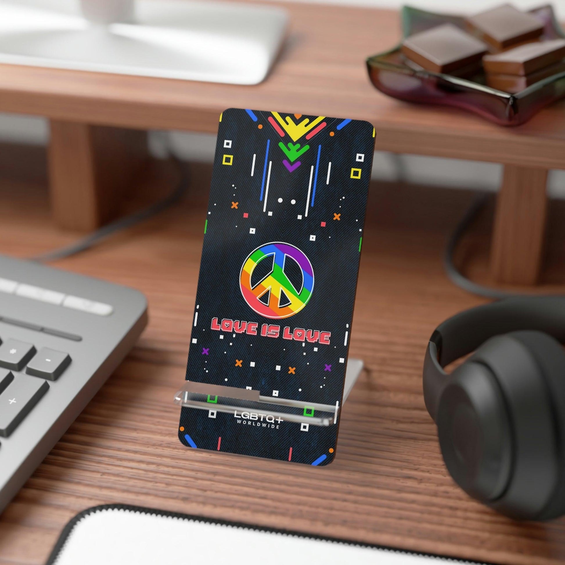 LGBTQWorldwide - ,,PEACE" Handyhalter für Smartphones Accessories, all, Desk, Phone accessory, stand, tech, Tech Accessories lgbtq Bekleidung Accessoires unisex Zubehör