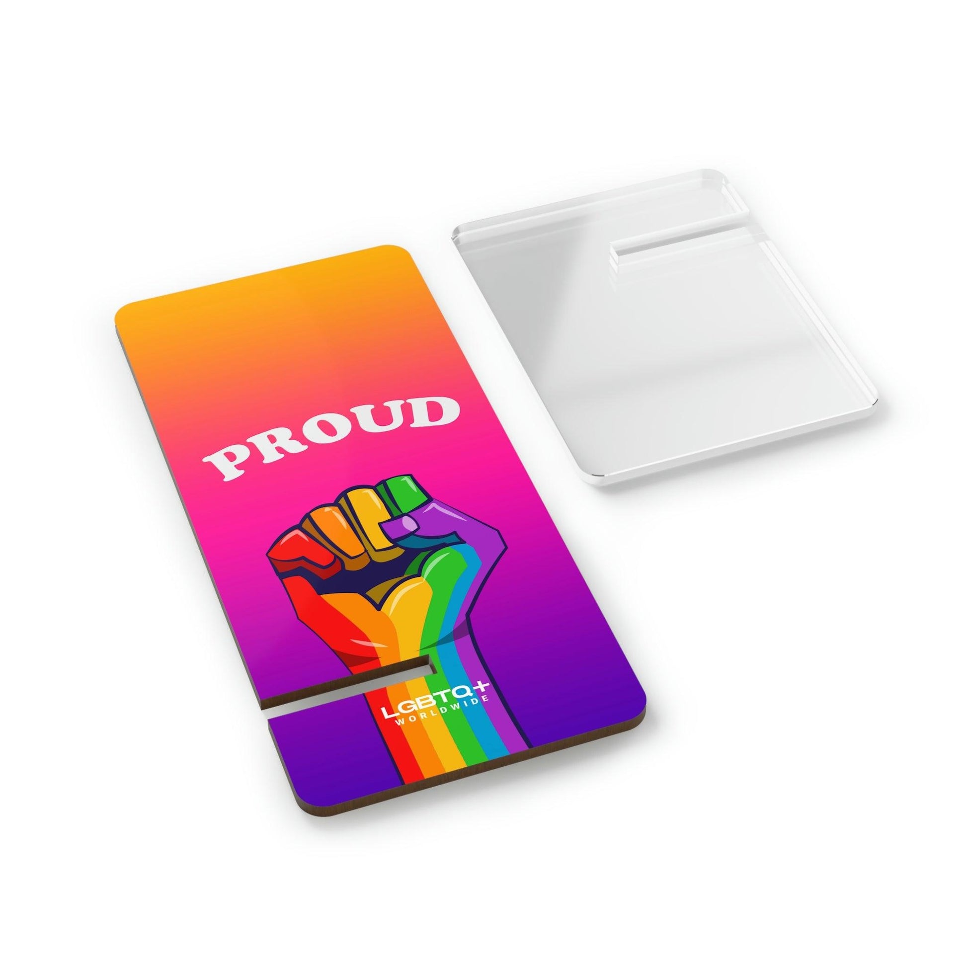 LGBTQWorldwide - ,,PROUD" Handyhalter für Smartphones Accessories, all, Desk, Phone accessory, stand, tech, Tech Accessories lgbtq Bekleidung Accessoires unisex Zubehör